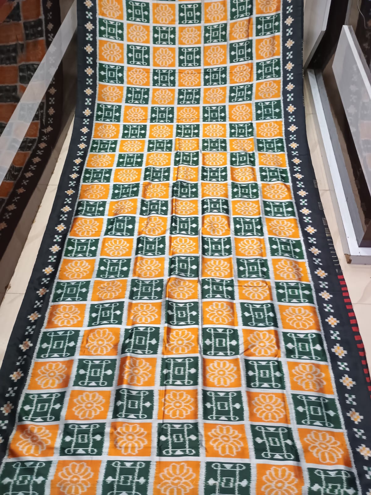 Yellow Green Subha Labha Design Khandua Silk Saree