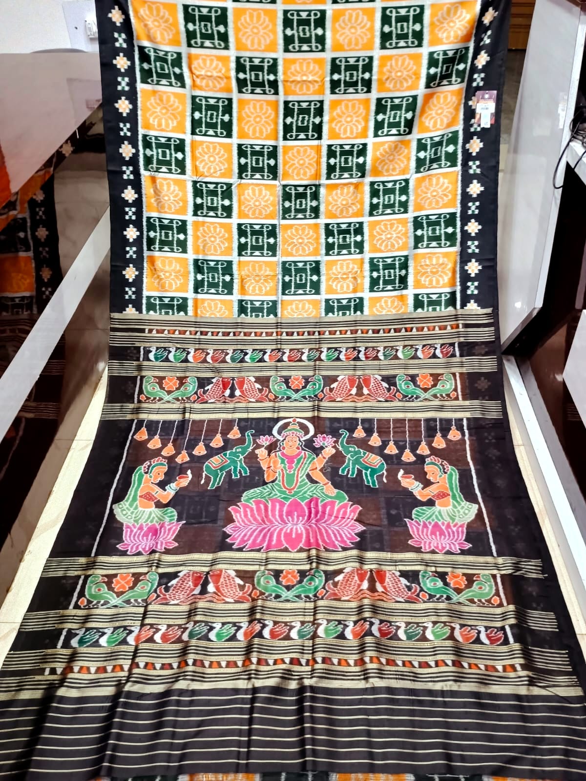 Yellow Green Subha Labha Design Khandua Silk Saree