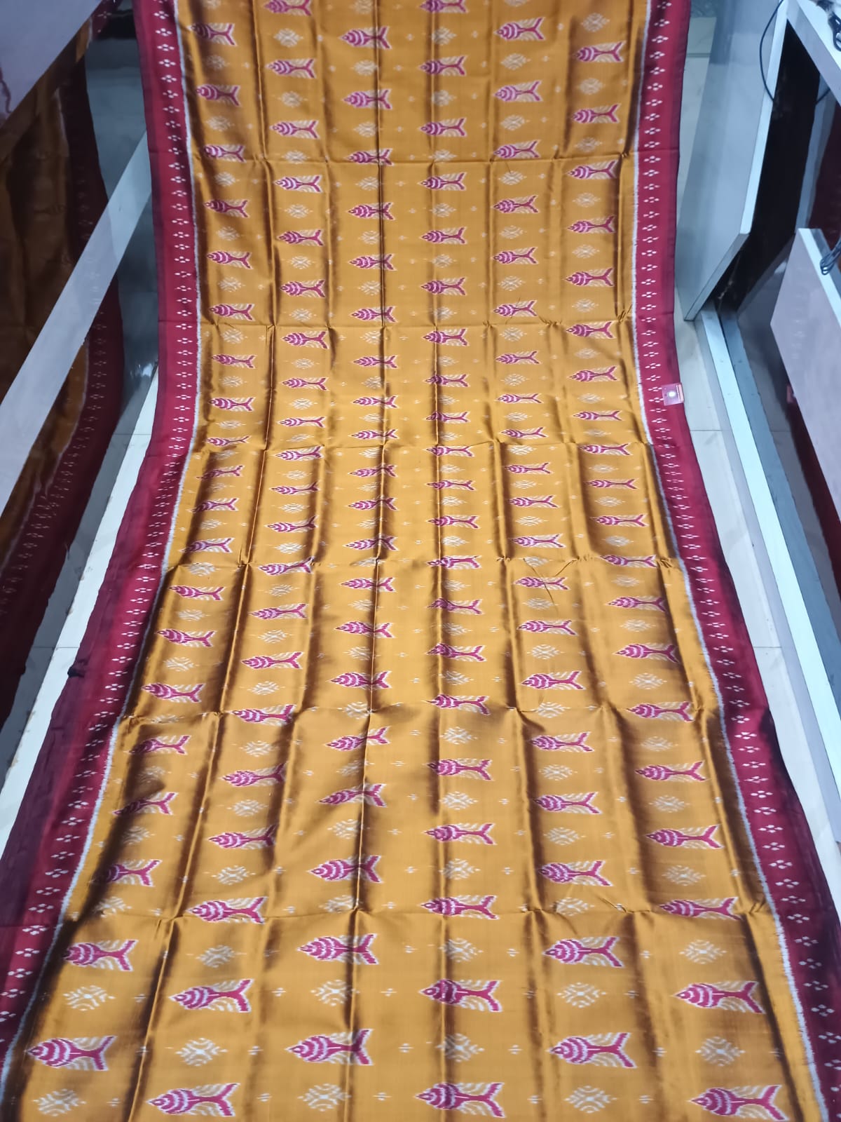 Mustard Yellow Maroon Fish Design Mulberry Silk Saree