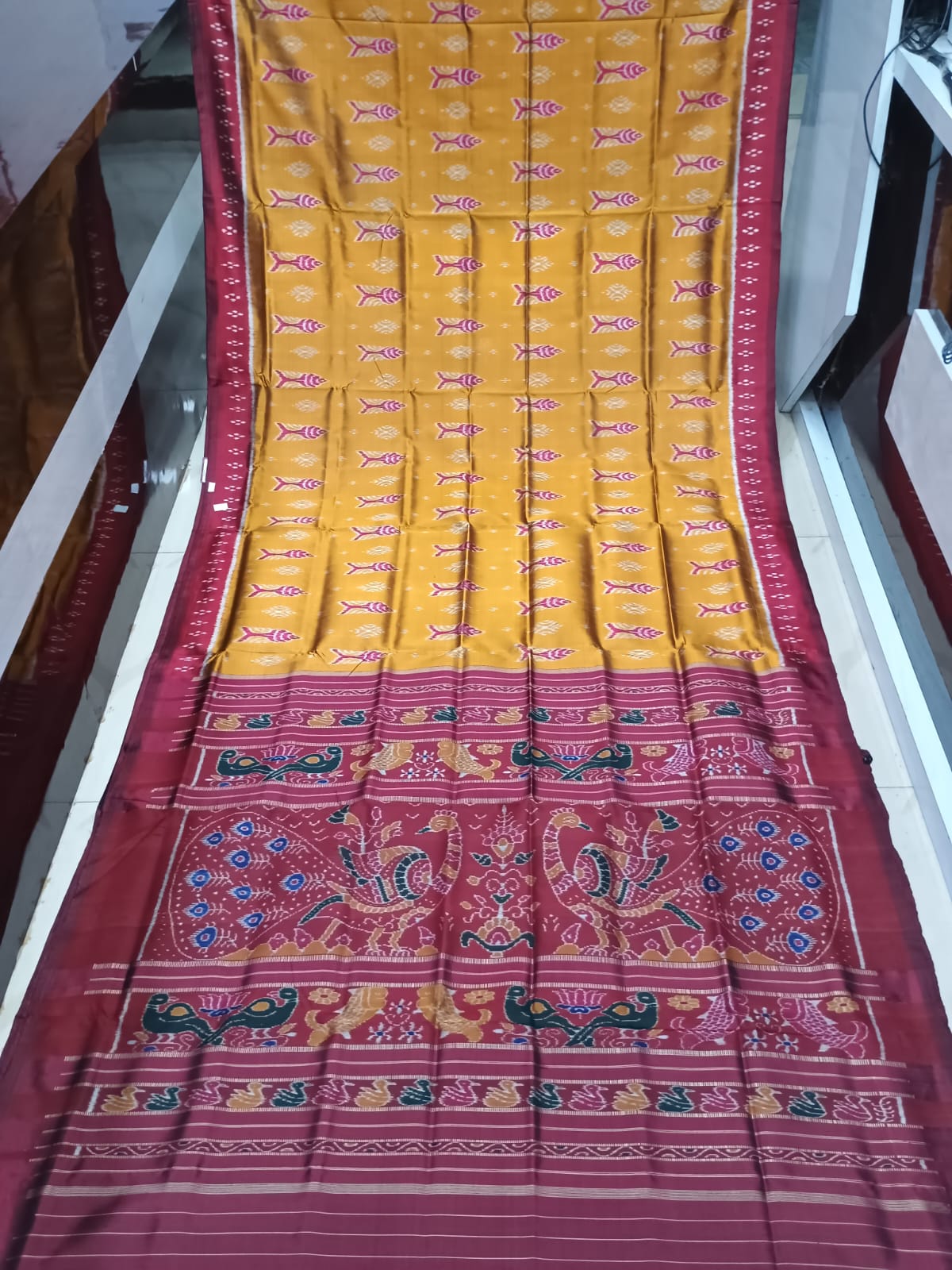 Mustard Yellow Maroon Fish Design Mulberry Silk Saree