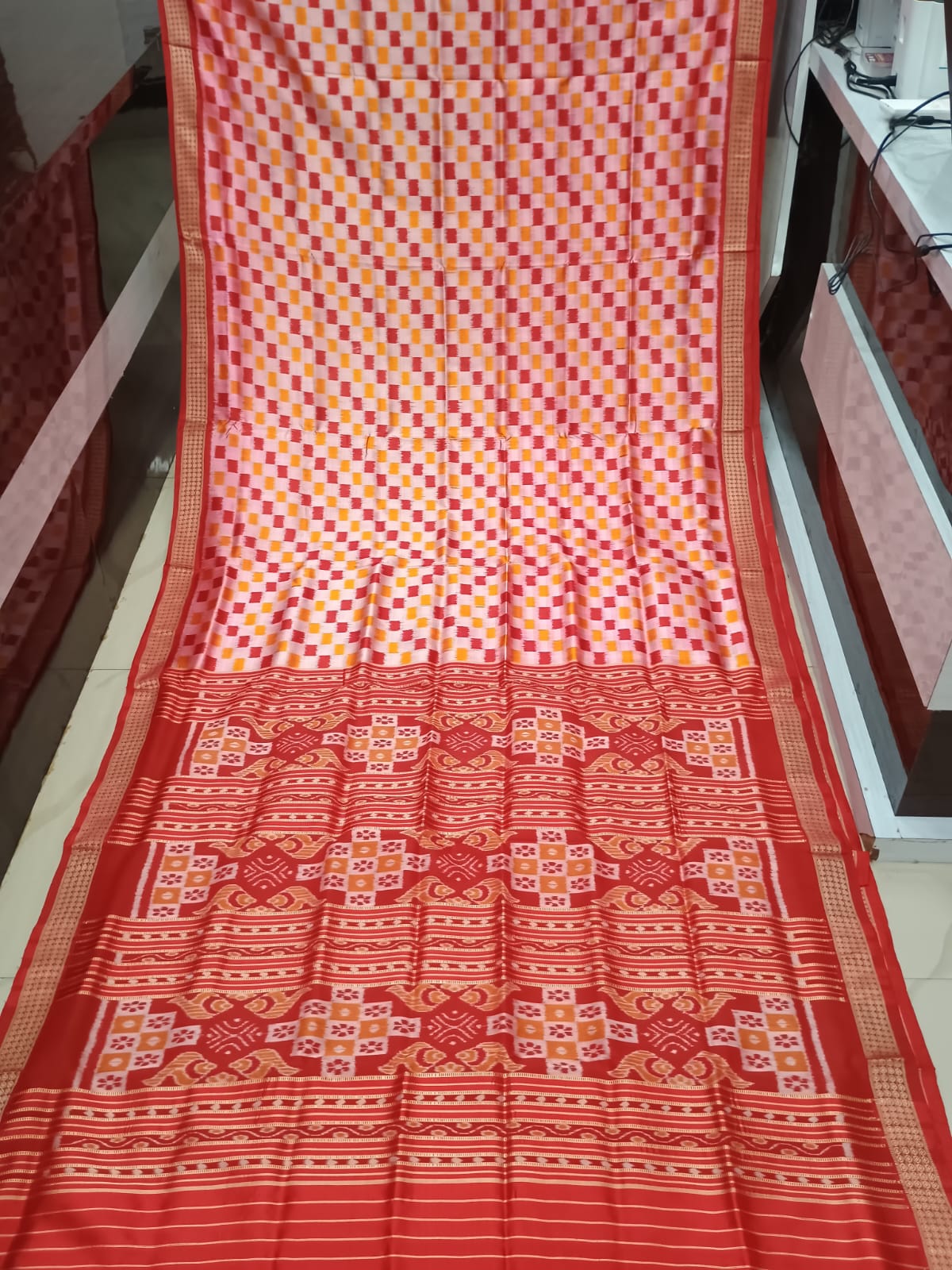 Orange Red Pasapali Design Mulberry Silk Saree