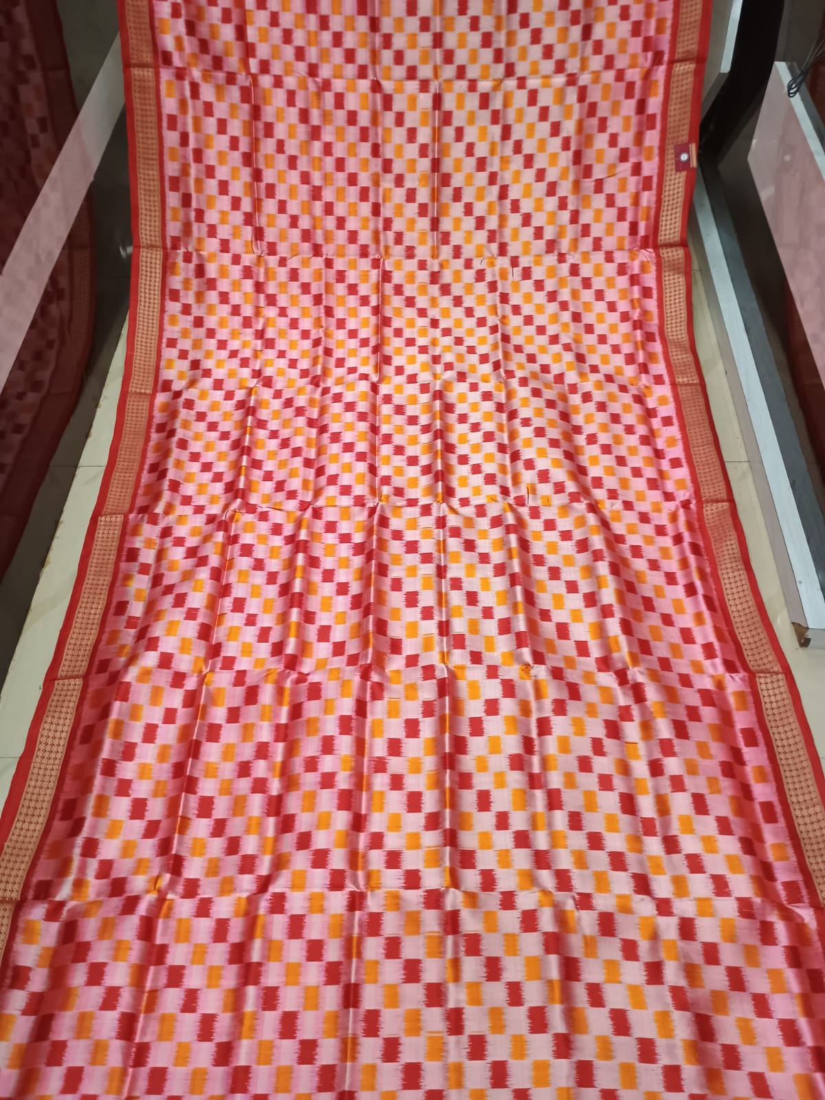 Orange Red Pasapali Design Mulberry Silk Saree