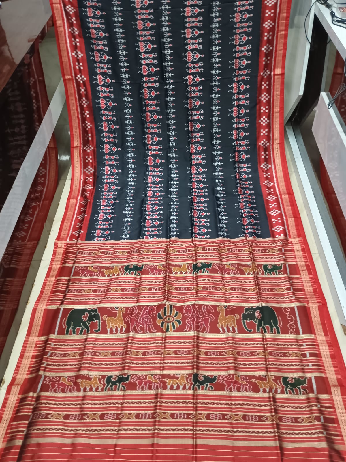 Black Red Tribal Design Mulberry Silk Saree