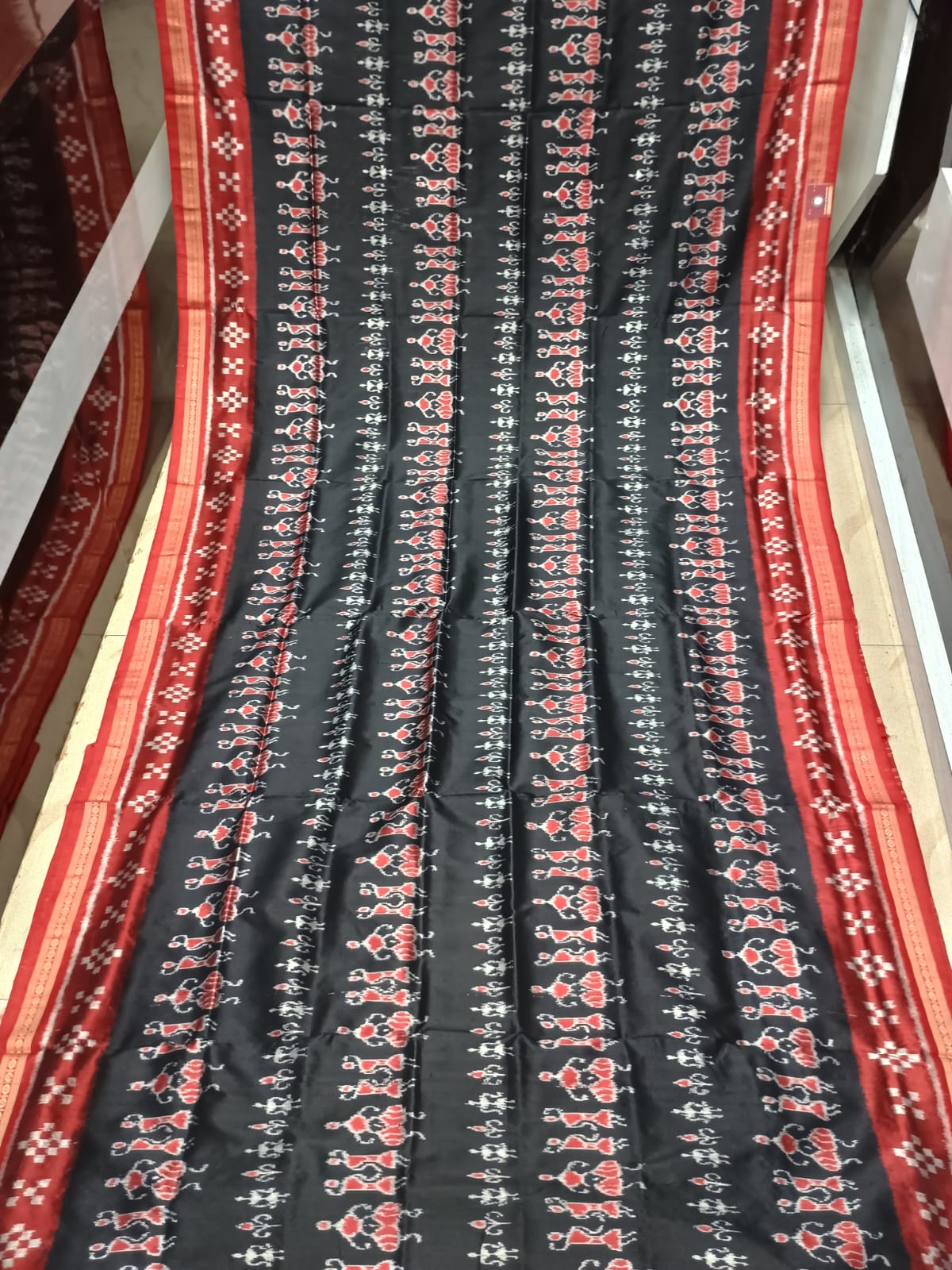 Black Red Tribal Design Mulberry Silk Saree