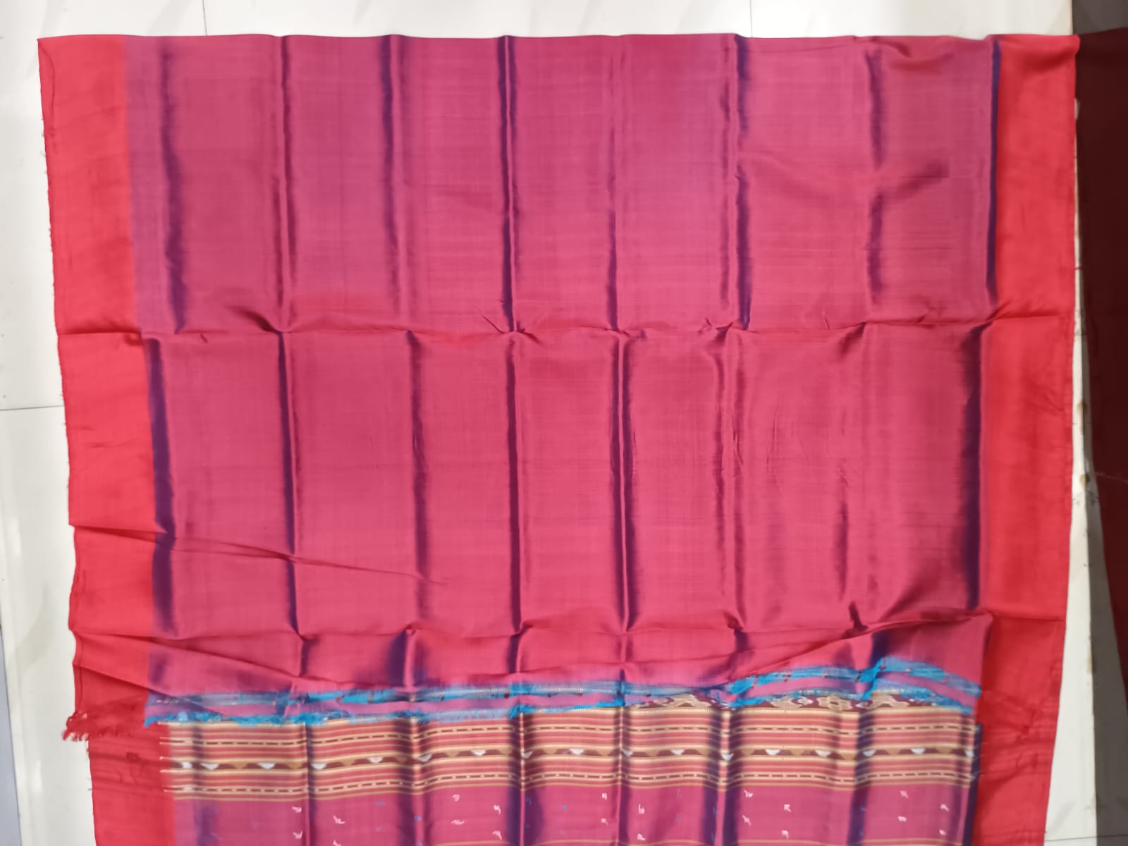 Sea Green Red Tree Design Mulberry Silk Saree