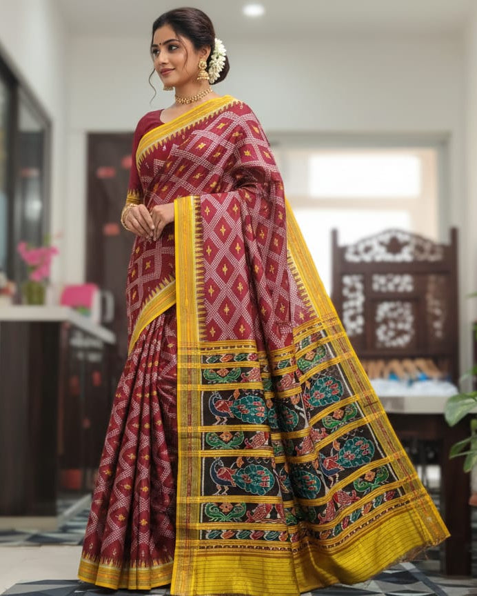 Maroon Yellow Tarabali Design Khandua Silk Saree