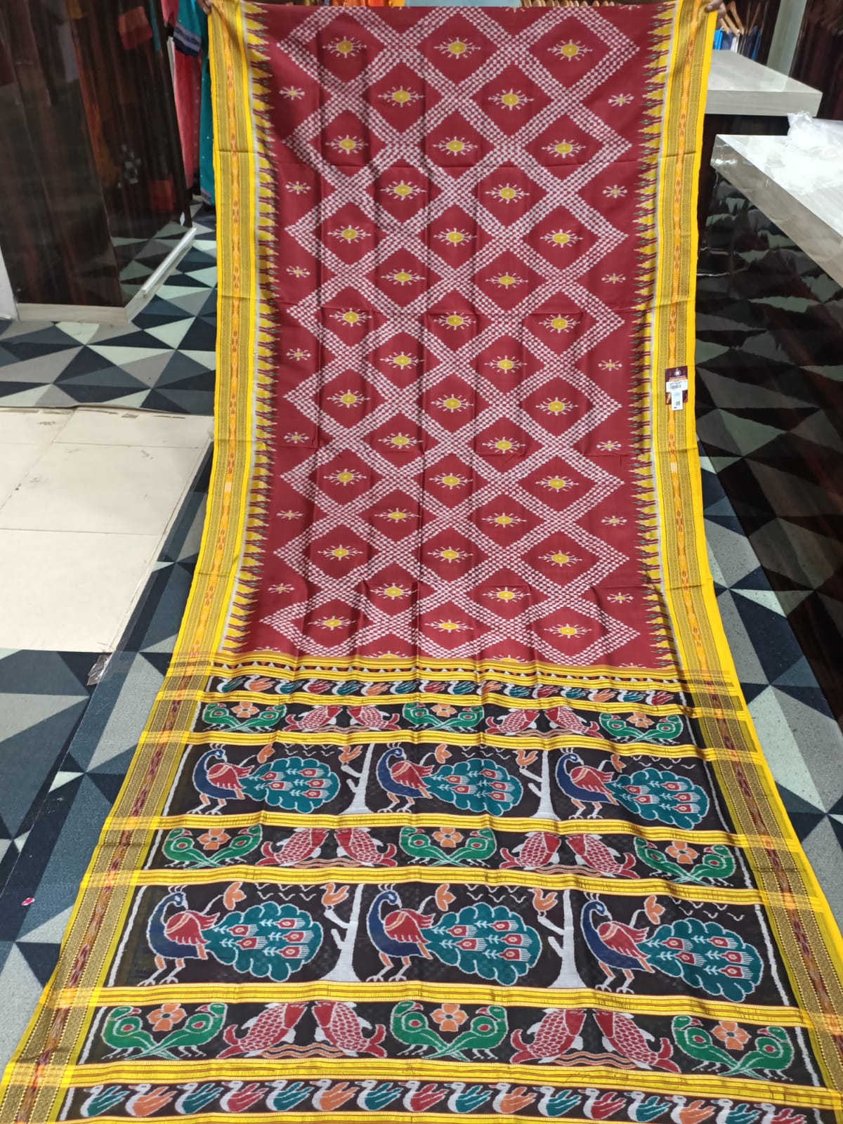 Maroon Yellow Tarabali Design Khandua Silk Saree