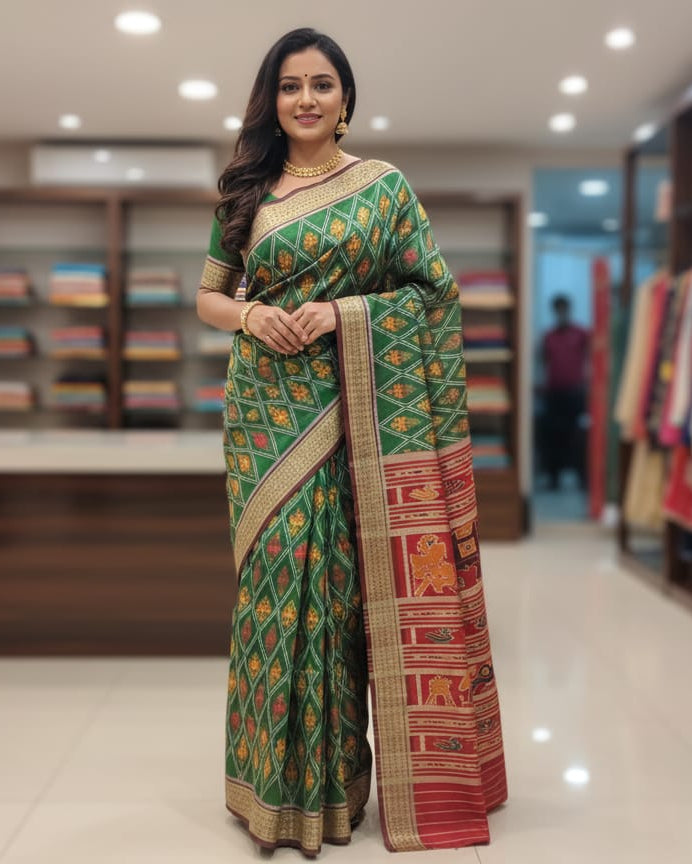 Green Maroon Tree Design Mulberry Silk Saree