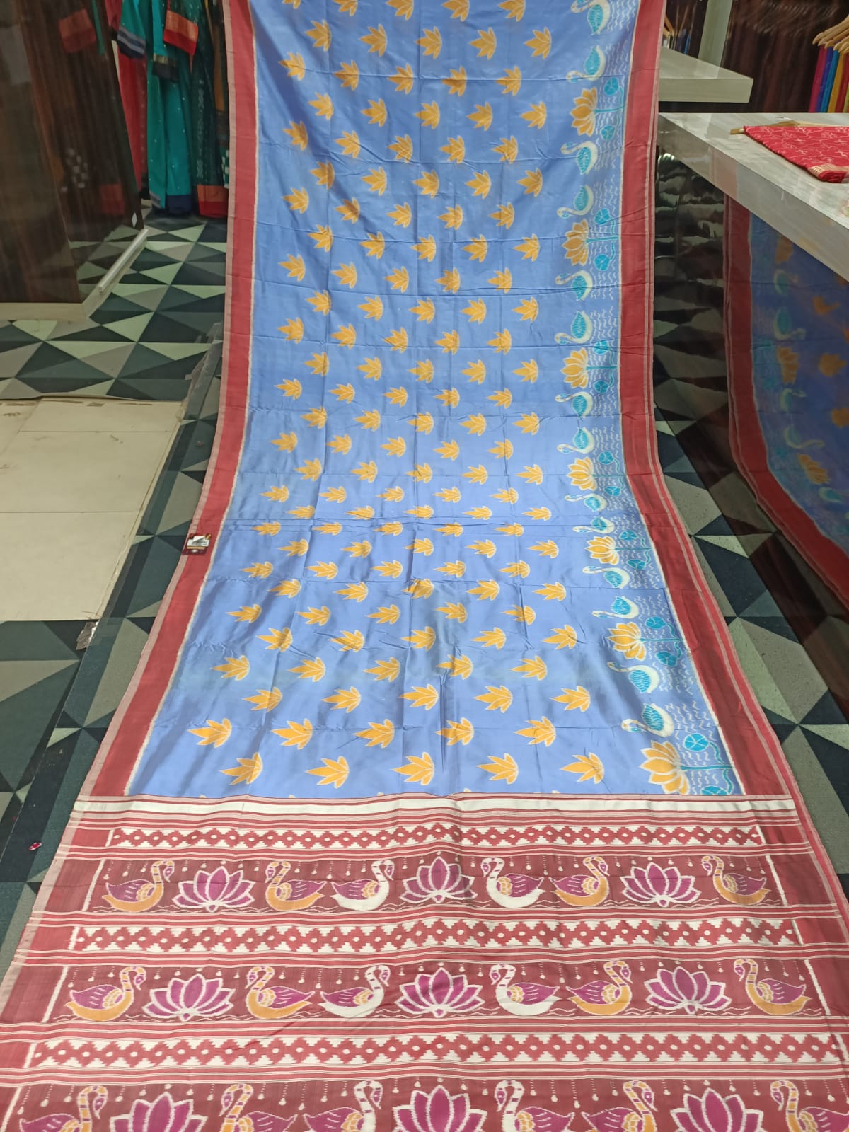 Sky Blue Maroon Scot Swan Design Mulberry Silk Saree