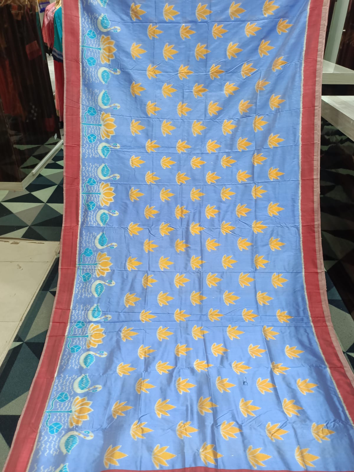 Sky Blue Maroon Scot Swan Design Mulberry Silk Saree