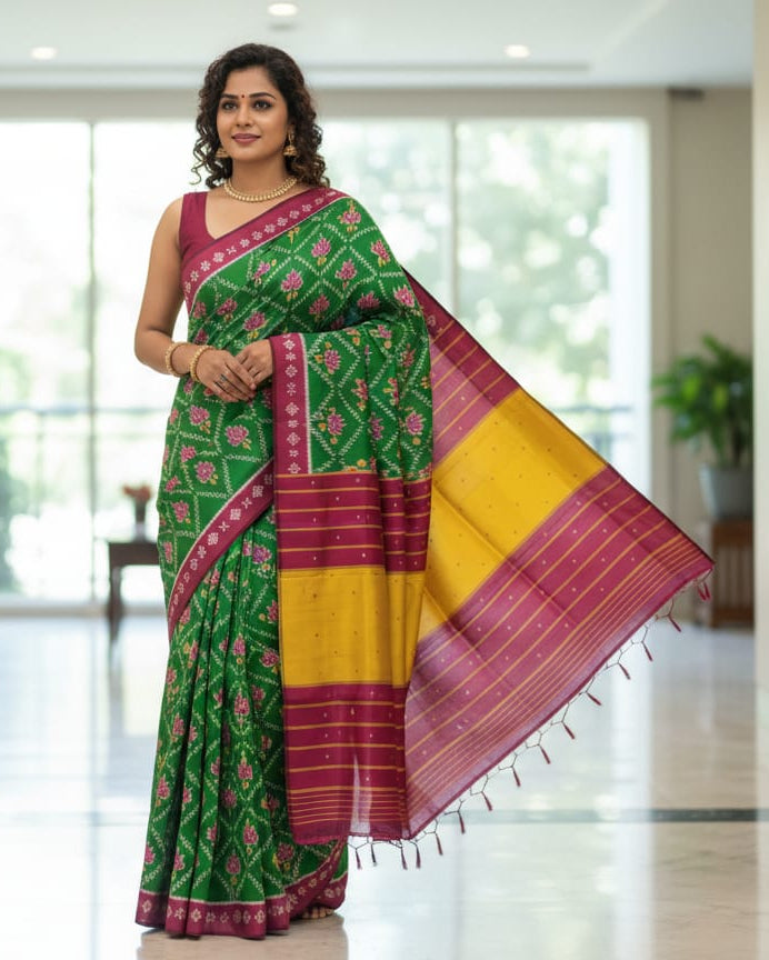 Green Magenta Lotus Design Khandua Silk Saree