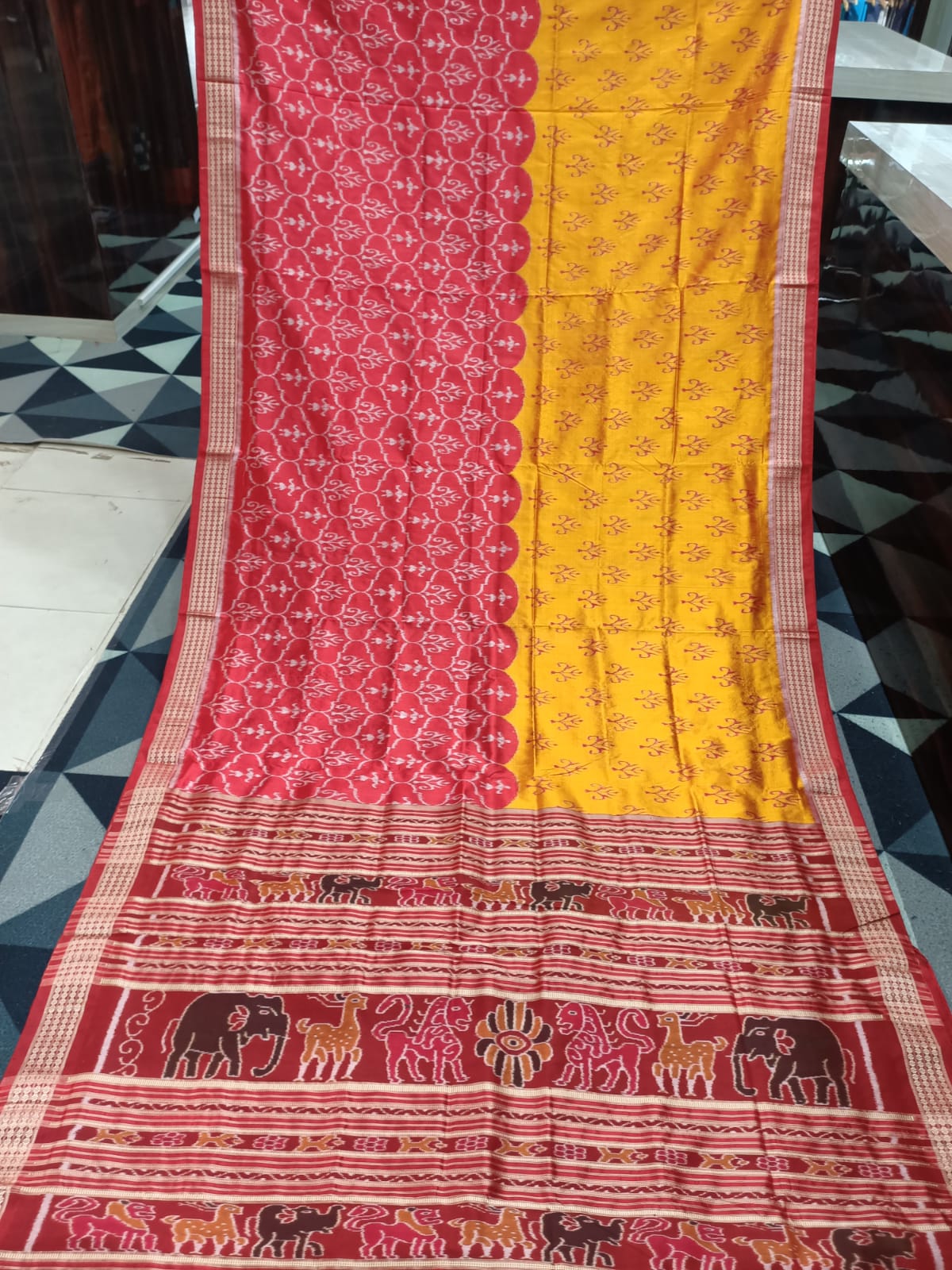 Yellow Red Half Half Design Mulberry Silk Saree