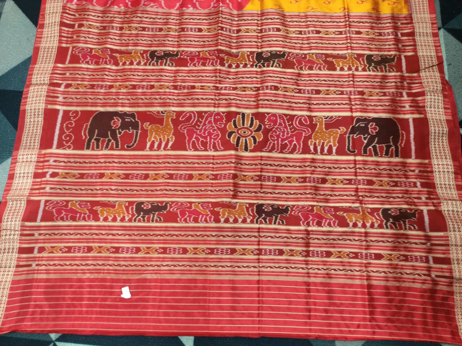 Yellow Red Half Half Design Mulberry Silk Saree