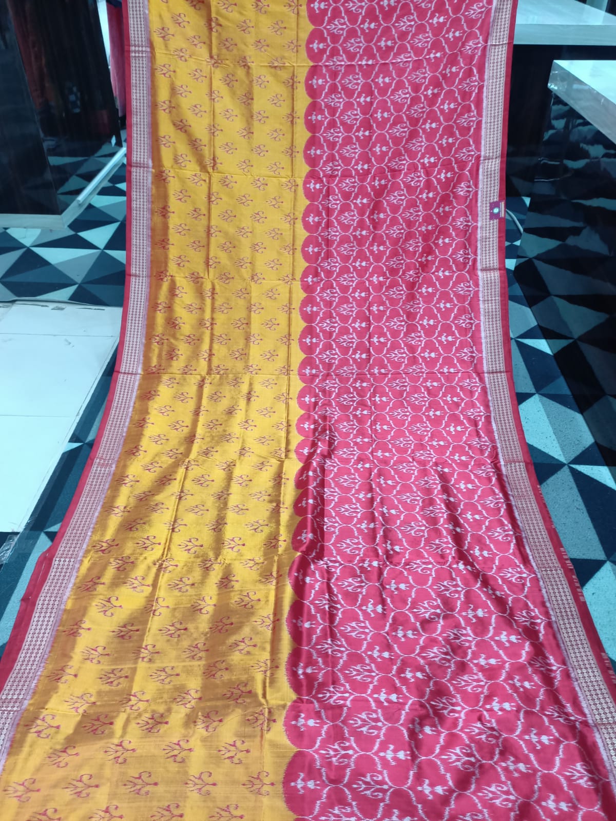 Yellow Red Half Half Design Mulberry Silk Saree