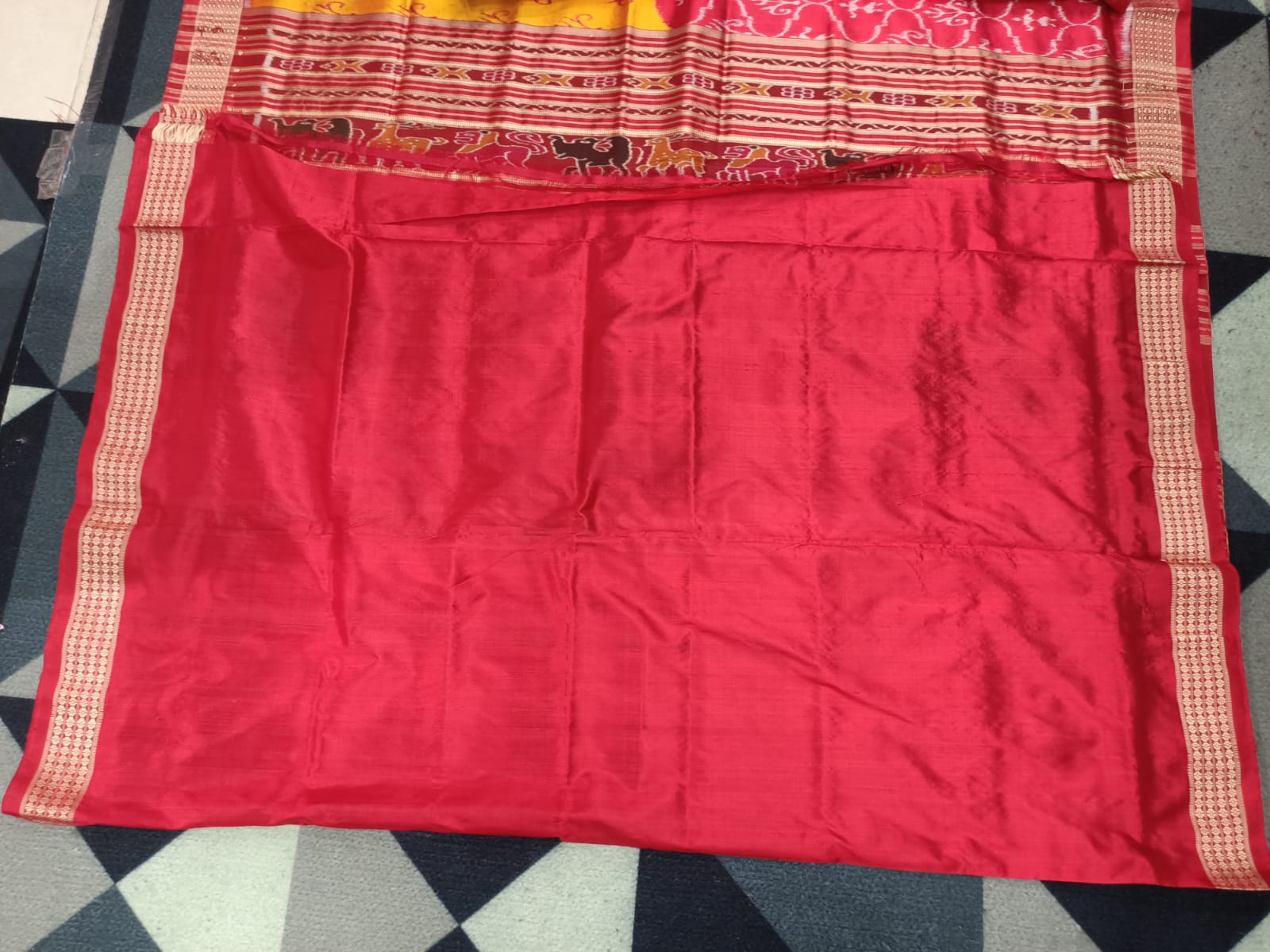 Yellow Red Half Half Design Mulberry Silk Saree