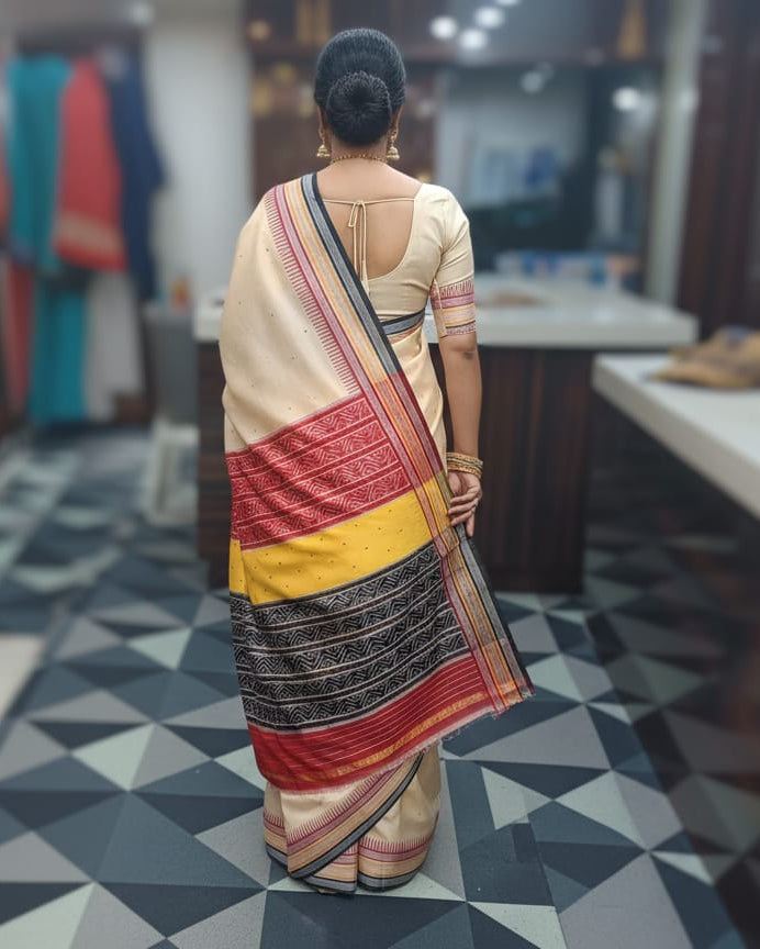 Off White Multi colour Kathiphera Khandua Silk Saree