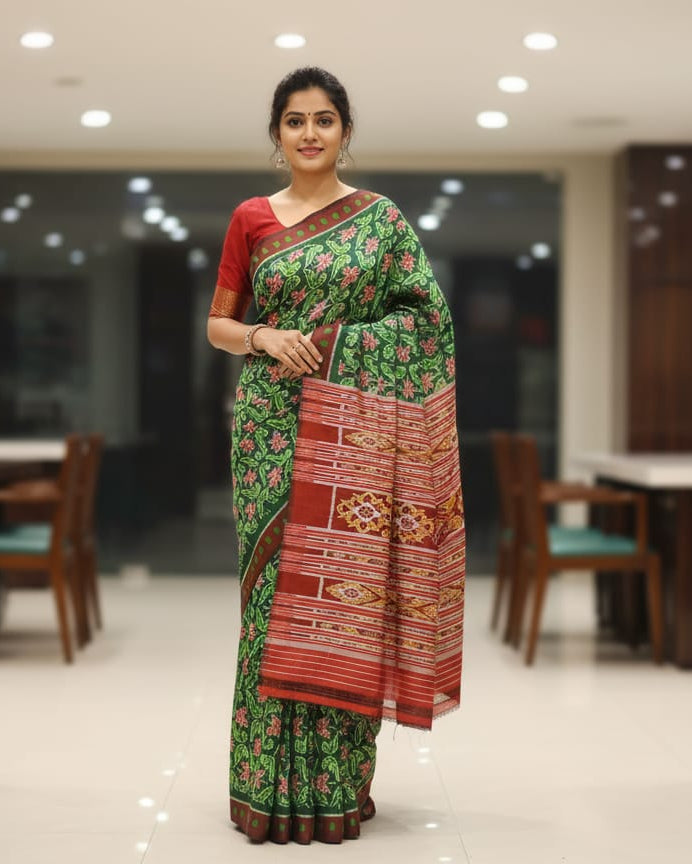 Green Maroon Lotus Parrot Design Mulberry Silk Saree