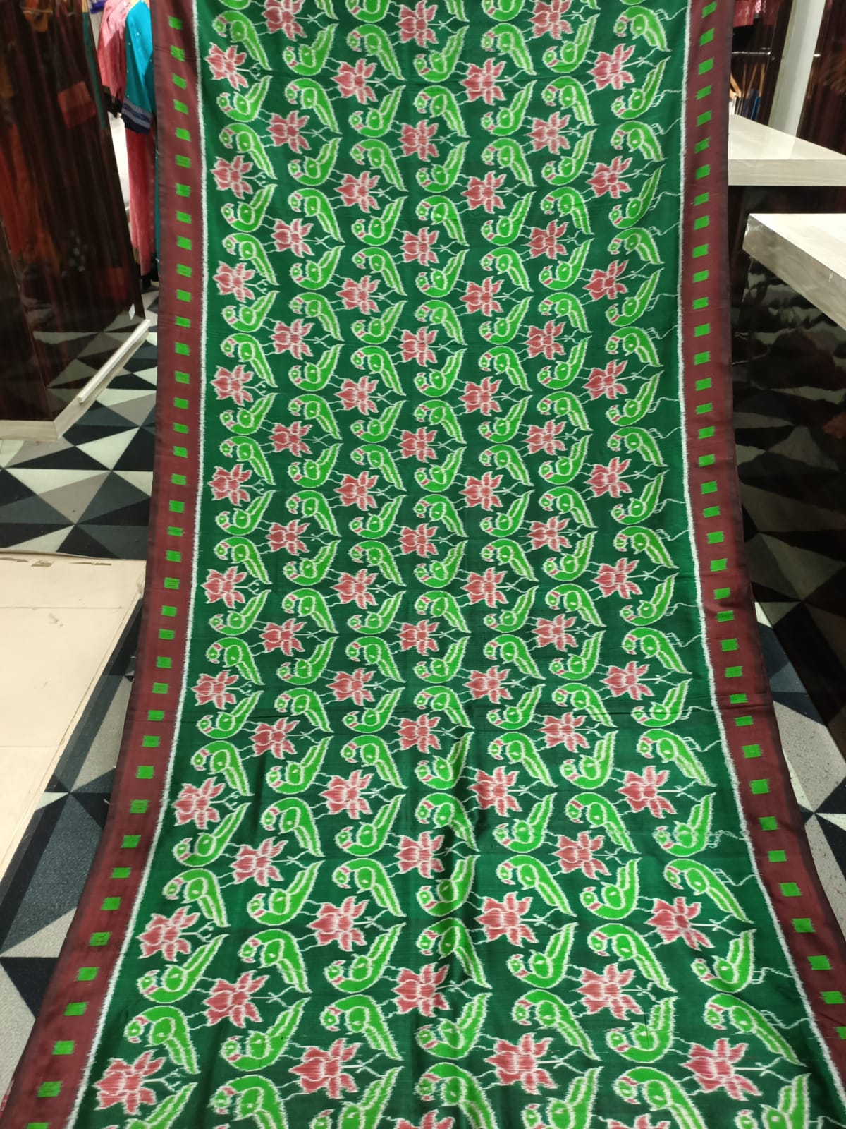 Green Maroon Lotus Parrot Design Mulberry Silk Saree