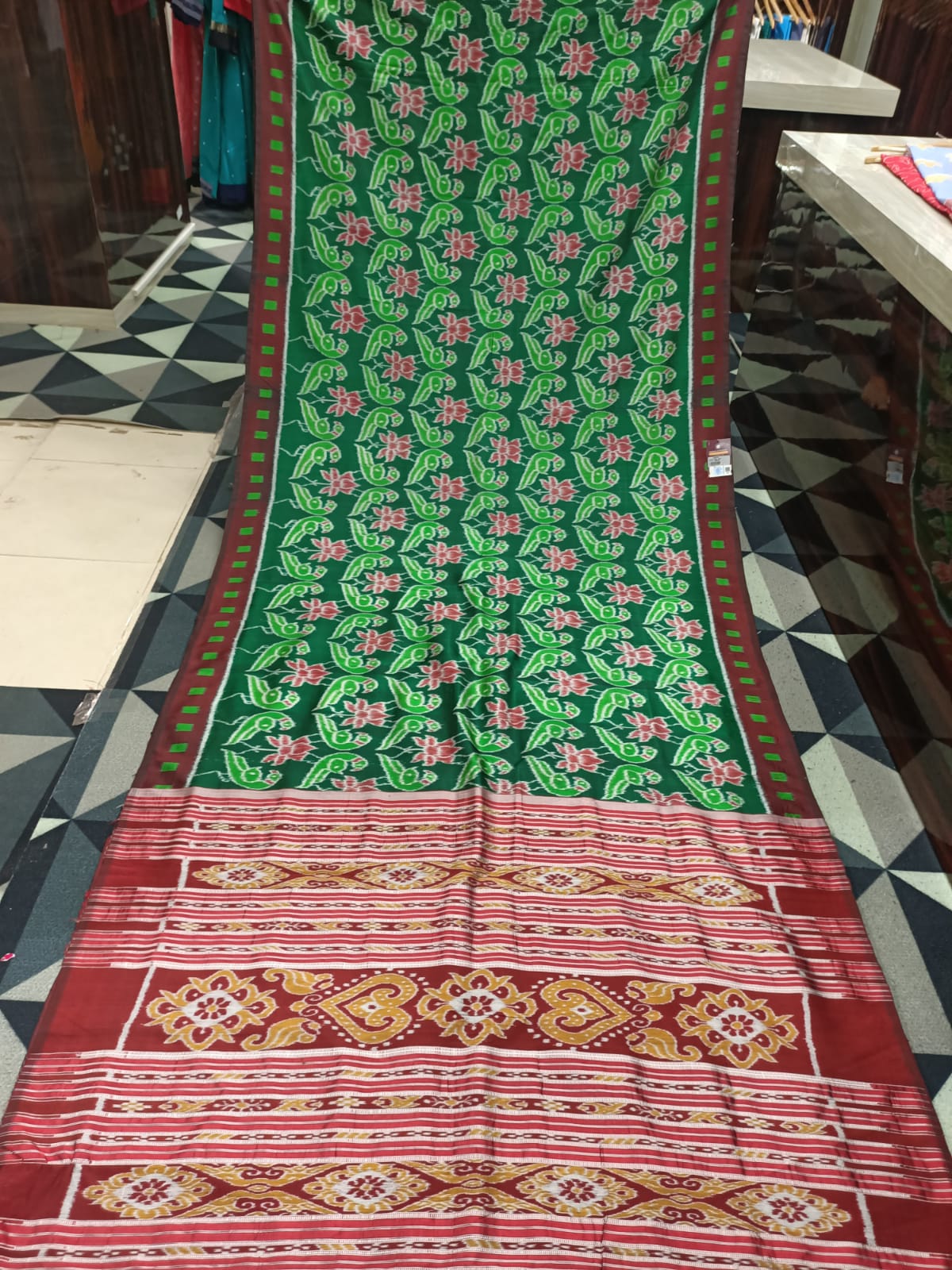 Green Maroon Lotus Parrot Design Mulberry Silk Saree