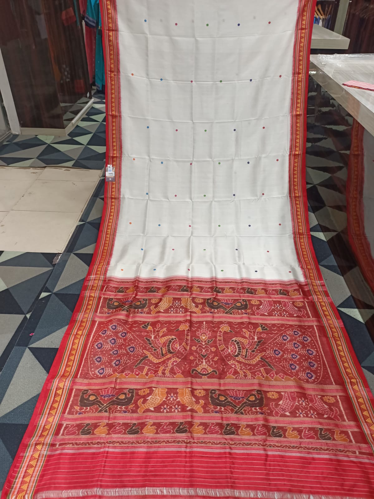 White Red Dongria Border Khandua Silk Saree