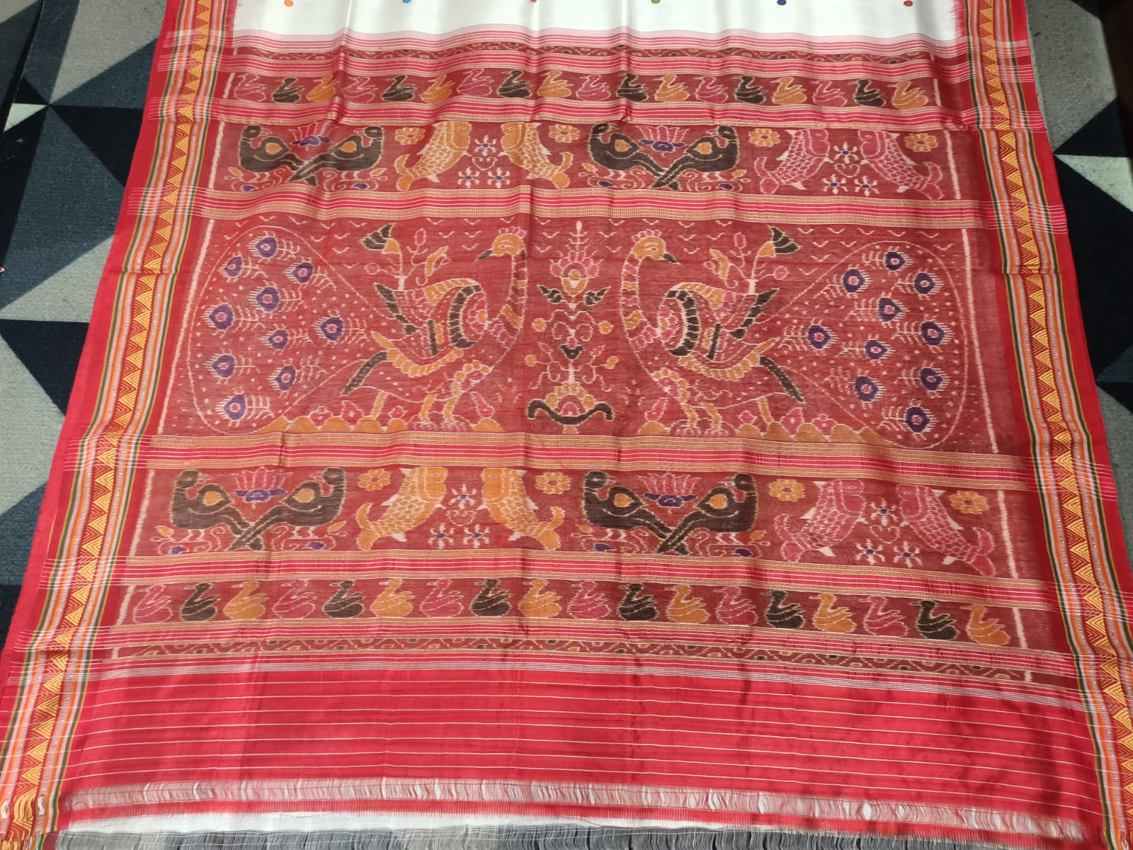 White Red Dongria Border Khandua Silk Saree