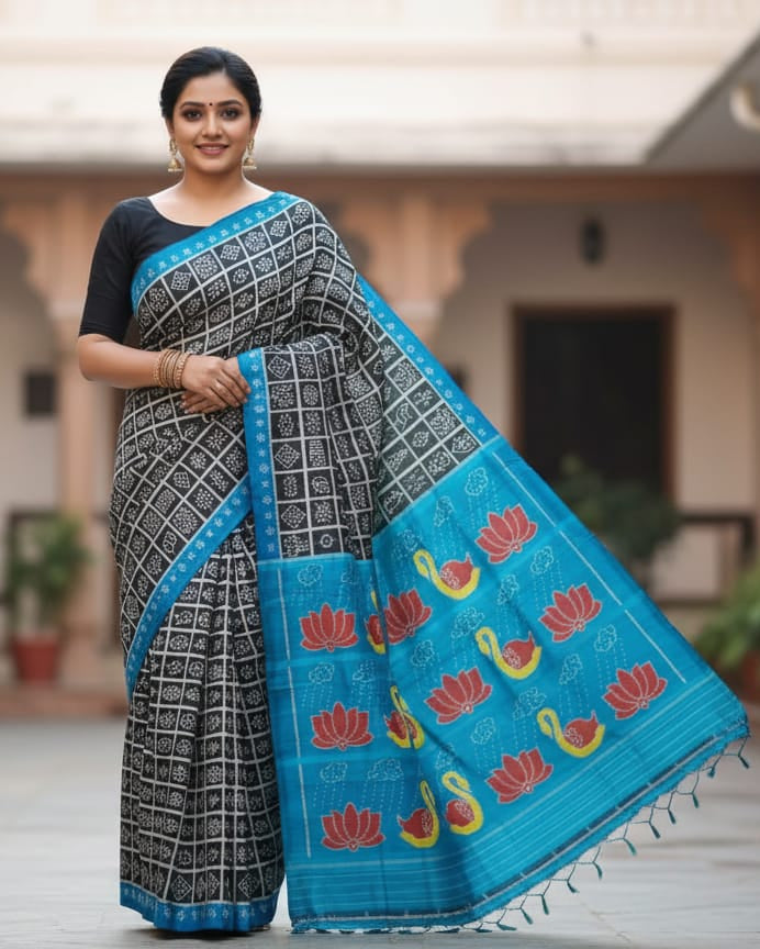 Black Copper Sulphate Nabakothi Design Mulberry Silk Saree