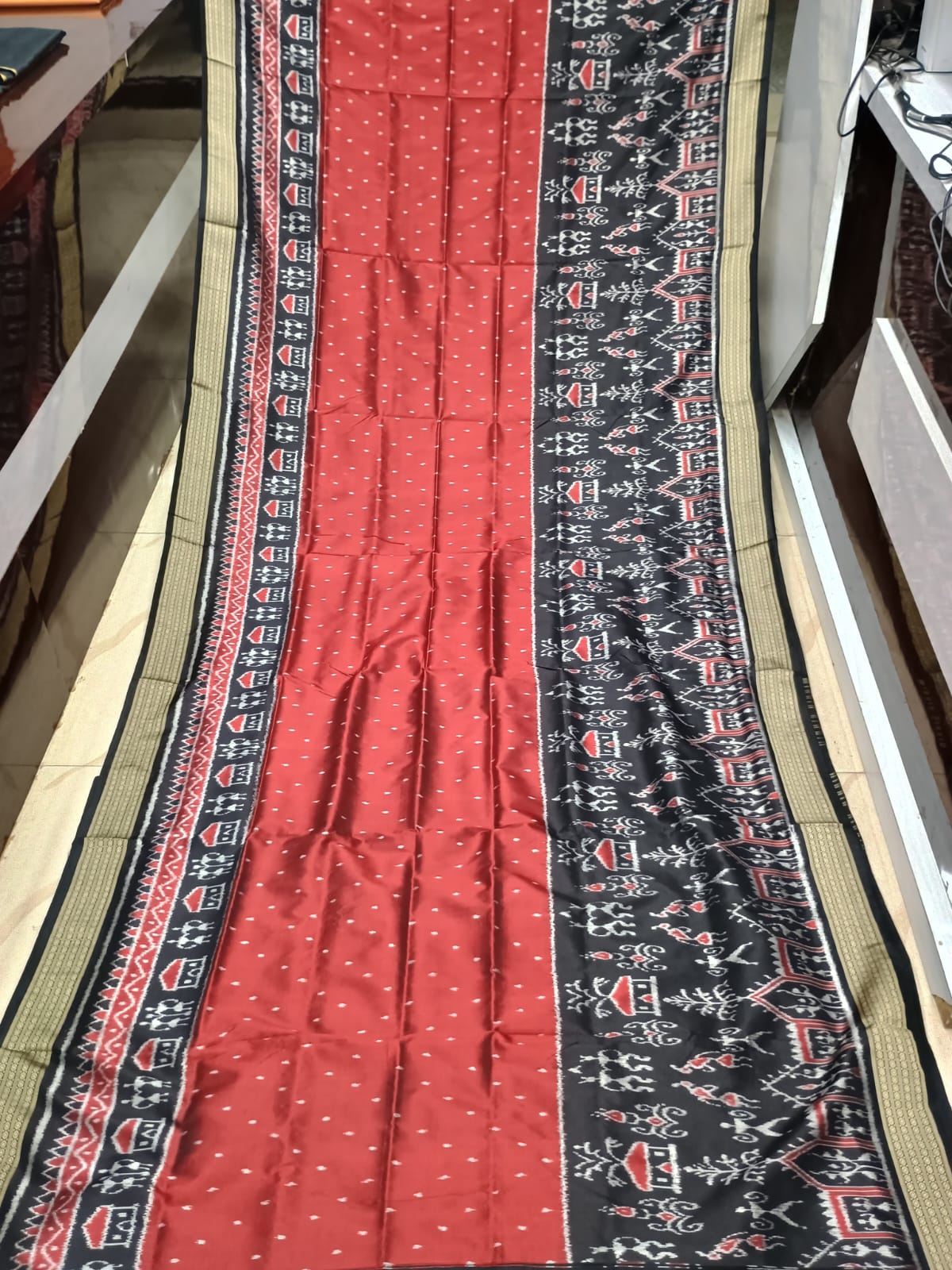 Maroon Black Scot Design Mulberry Silk Saree