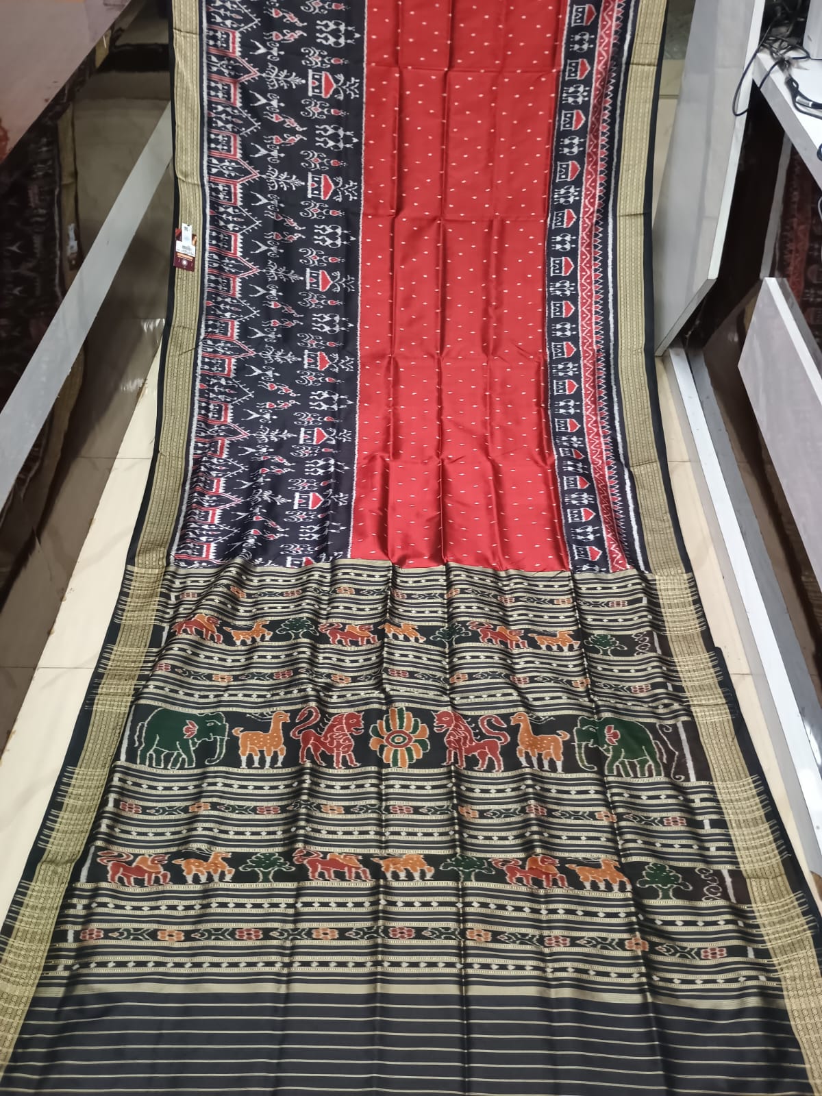 Maroon Black Scot Design Mulberry Silk Saree