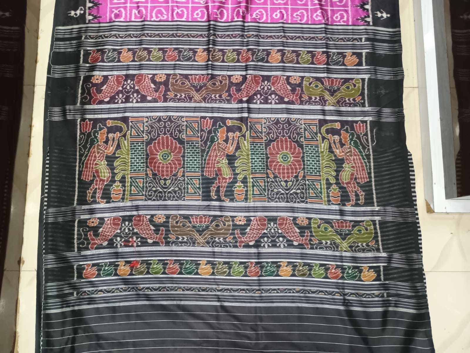 Purple Black Odia Alphabet Design Mulberry Silk Saree