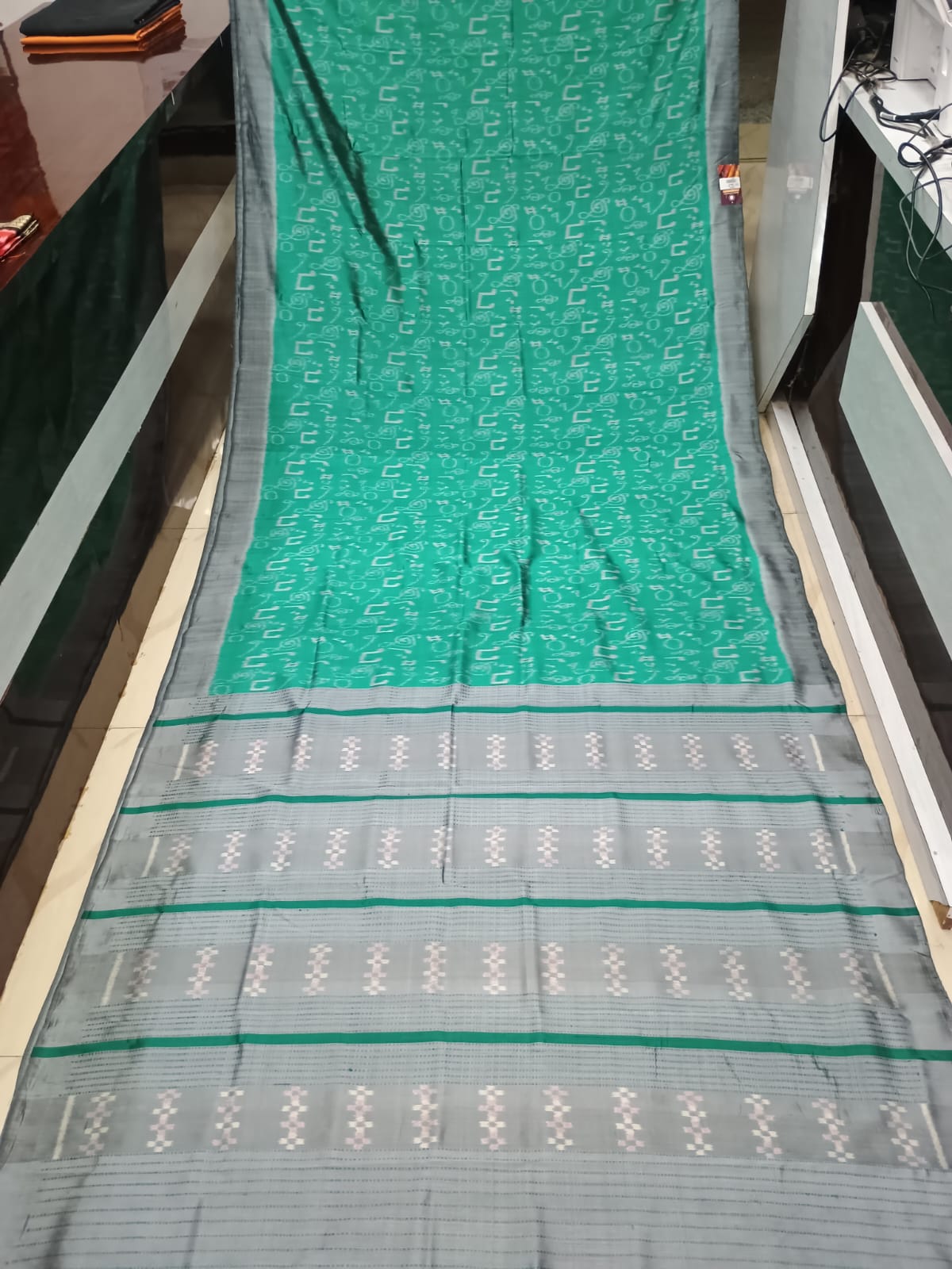 Sea Green Grey Musical Design Mulberry Silk Saree