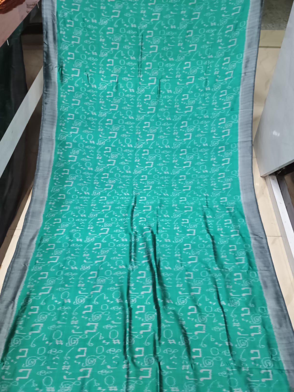 Sea Green Grey Musical Design Mulberry Silk Saree