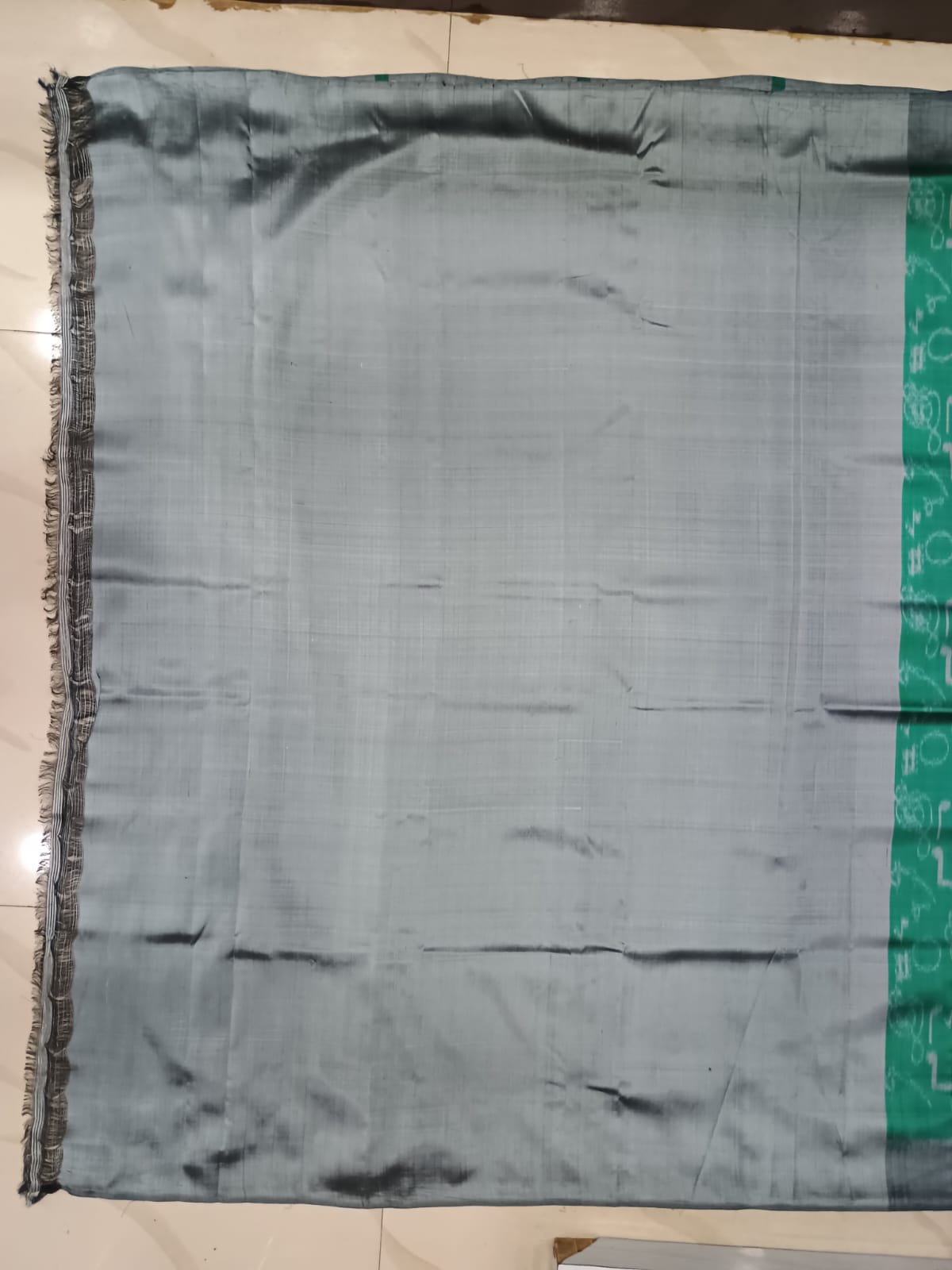 Sea Green Grey Musical Design Mulberry Silk Saree