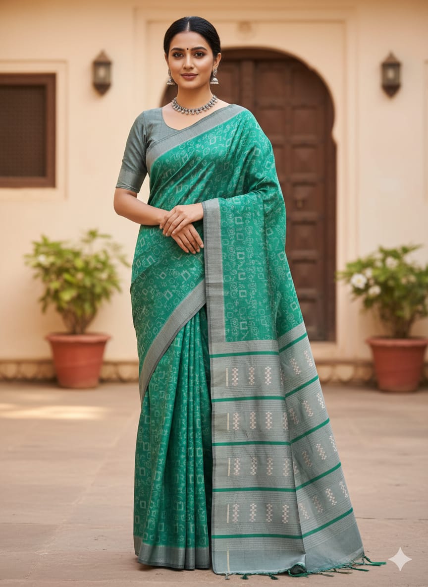 Sea Green Grey Musical Design Mulberry Silk Saree