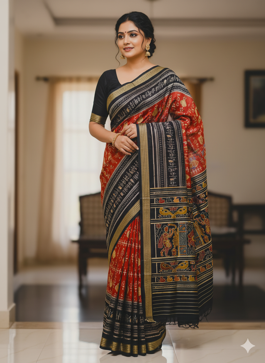 Maroon Black Tribal House Mulberry Silk Saree