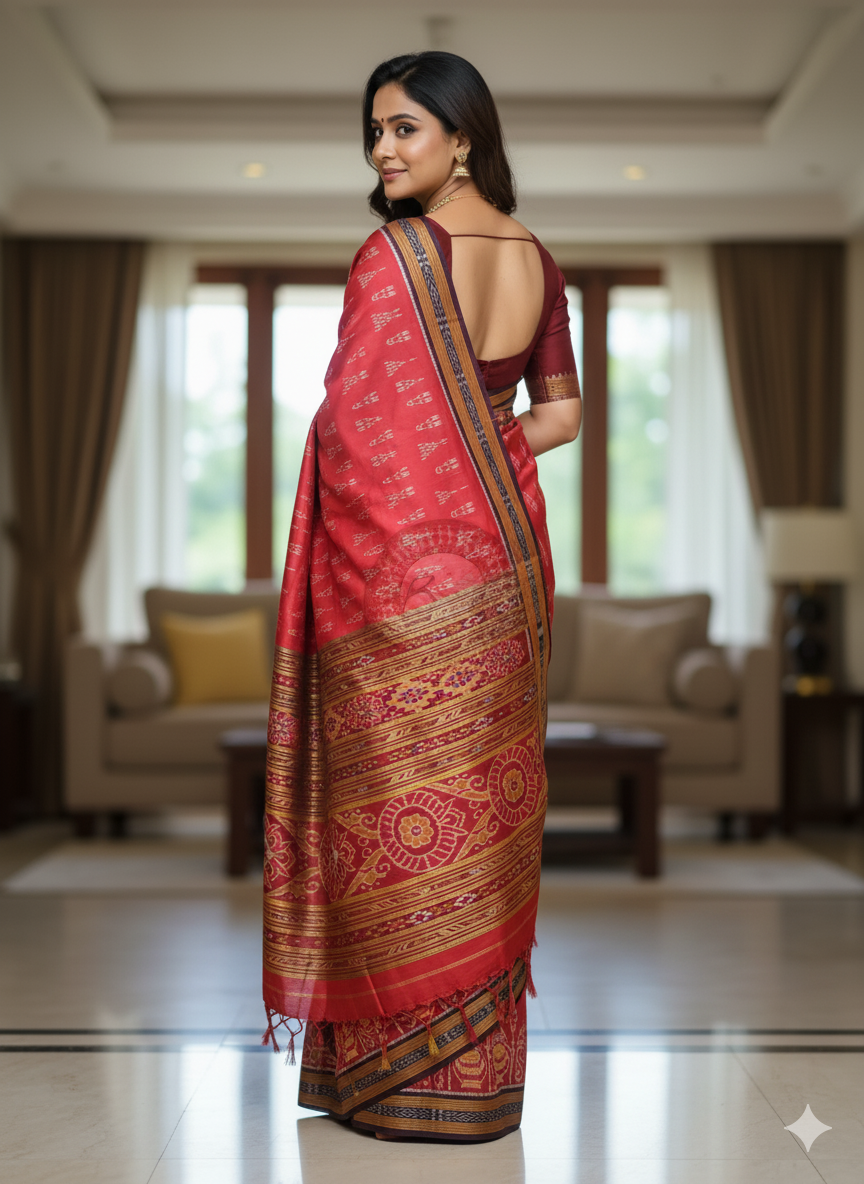 Maroon Coffee Laxmi Pada Chita Design Khandua Silk Saree