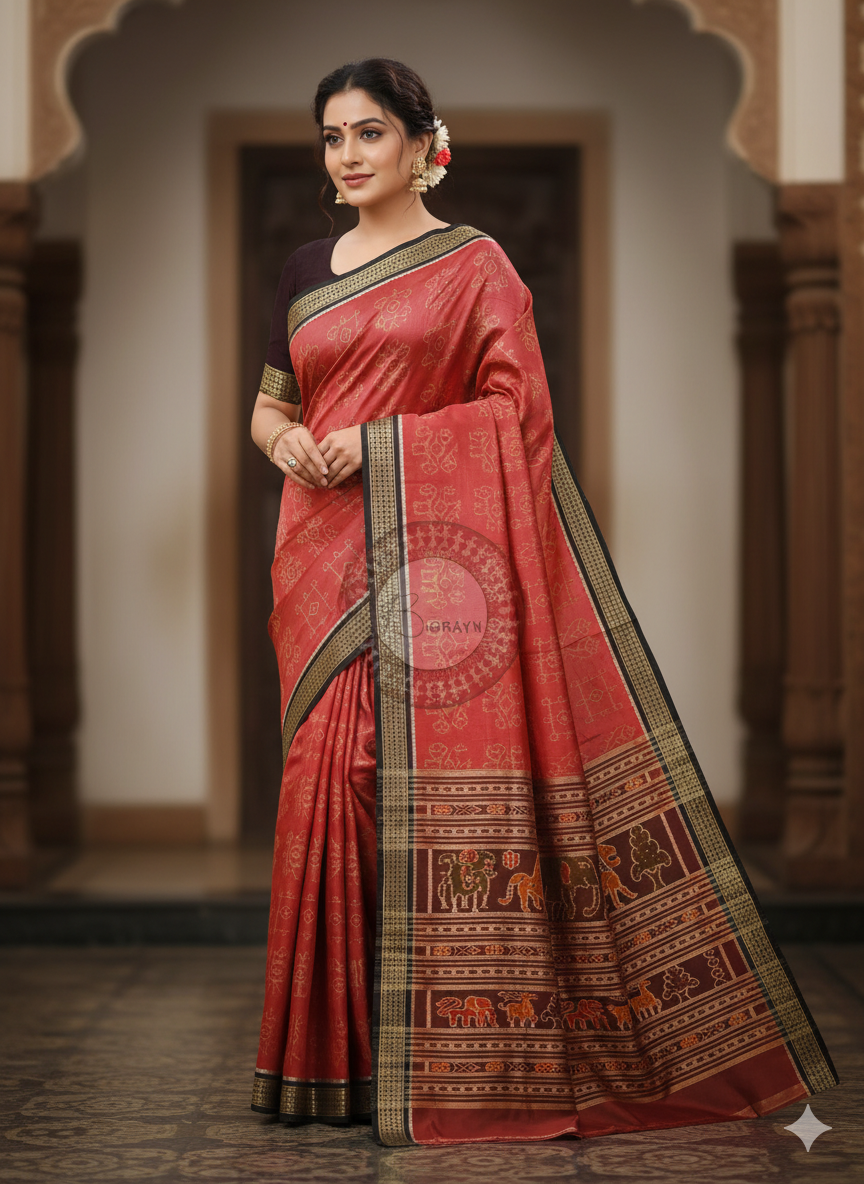 Red Maroon Sankha Design Mulberry Silk Saree