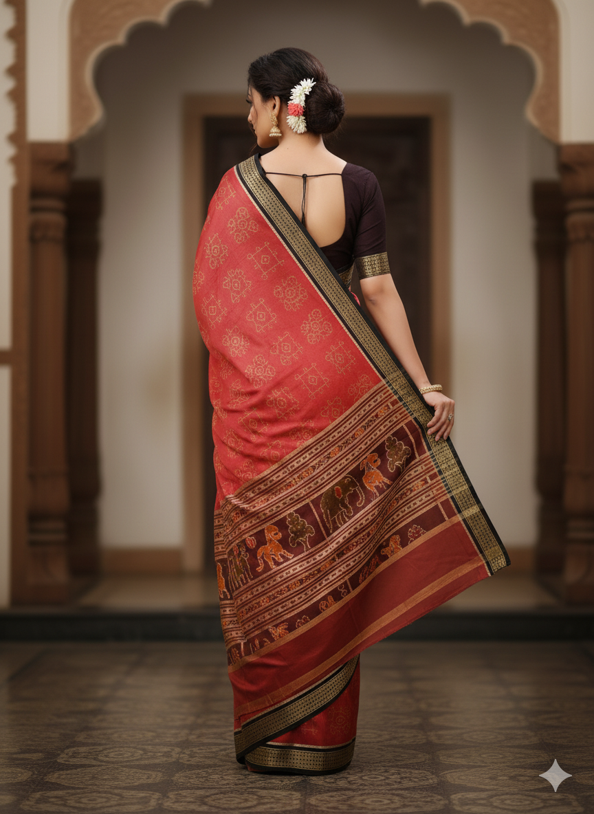Red Maroon Sankha Design Mulberry Silk Saree