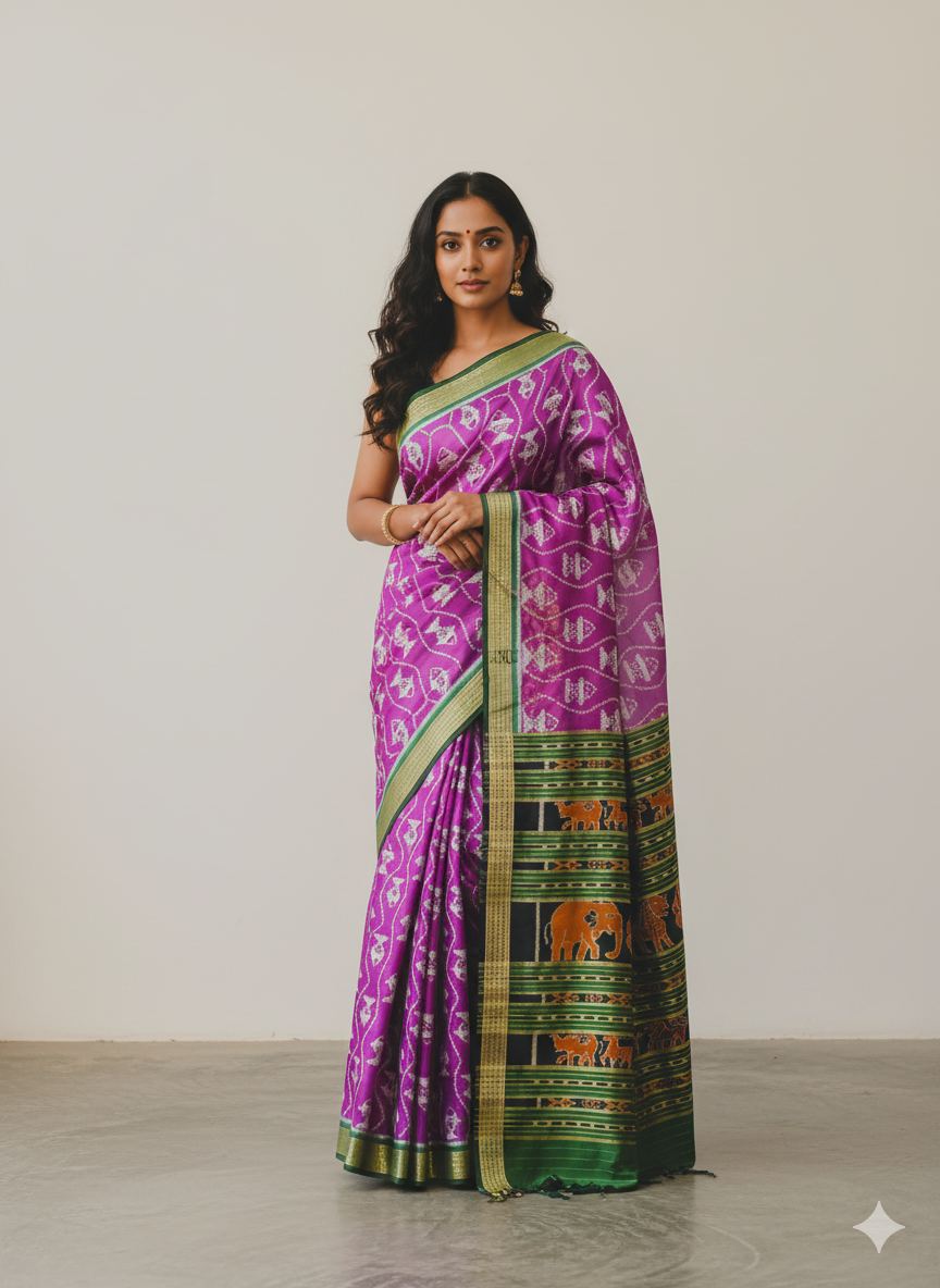 Purple Dark Green Fish Design Mulberry Silk Saree