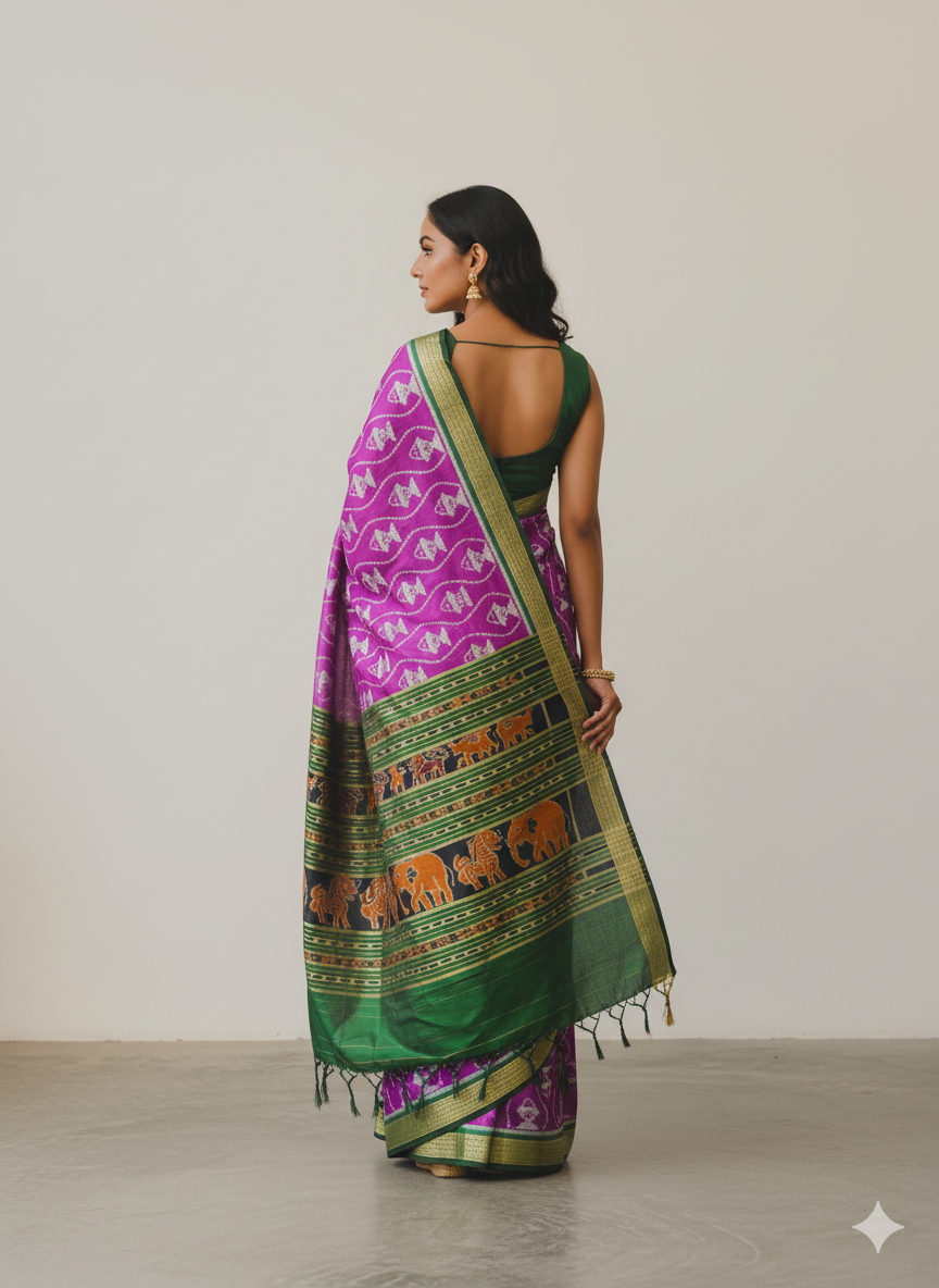 Purple Dark Green Fish Design Mulberry Silk Saree