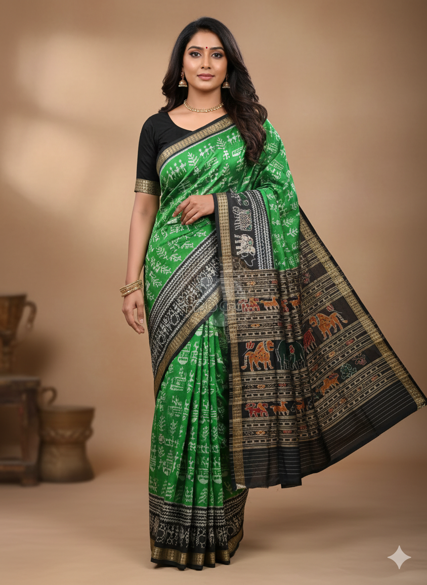 Green Black Tribal Design Mulberry Silk Saree