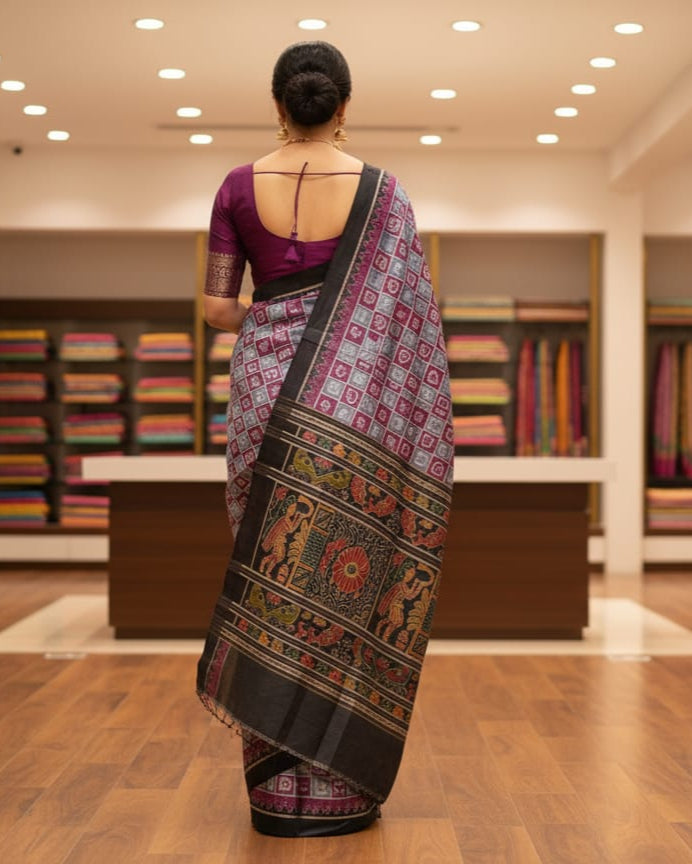 Grey Purple Black Odia Alphabet Mulberry Silk Saree