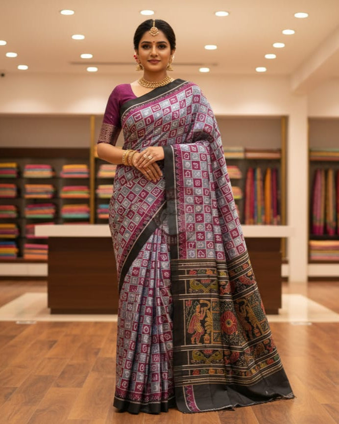 Grey Purple Black Odia Alphabet Mulberry Silk Saree