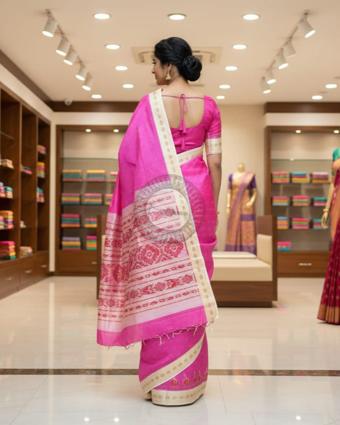 Pink Creame Elephant Scot Mulberry Silk Saree