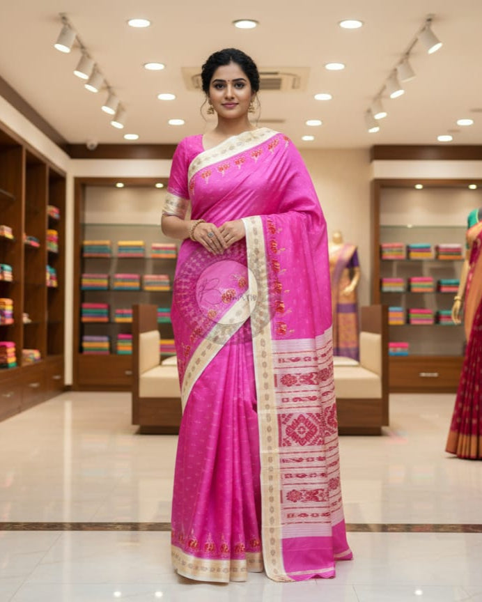 Pink Creame Elephant Scot Mulberry Silk Saree