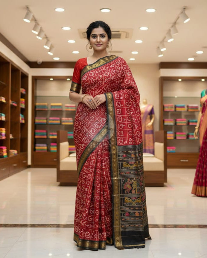 Maroon Black Odia Alphabet Mulberry Silk Saree