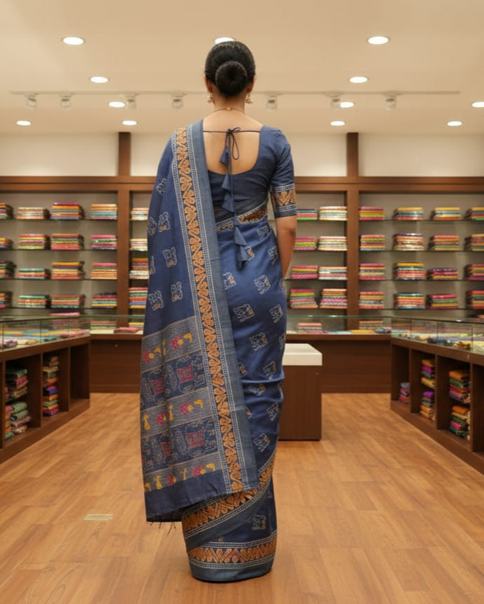 Denim Blue Elephant Design Mulberry Silk Saree
