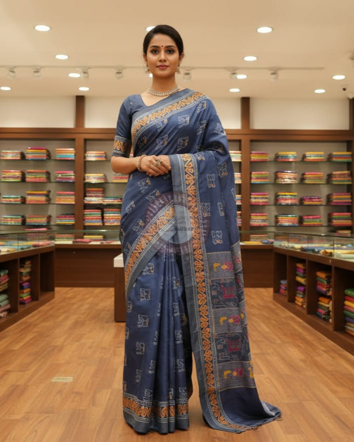Denim Blue Elephant Design Mulberry Silk Saree