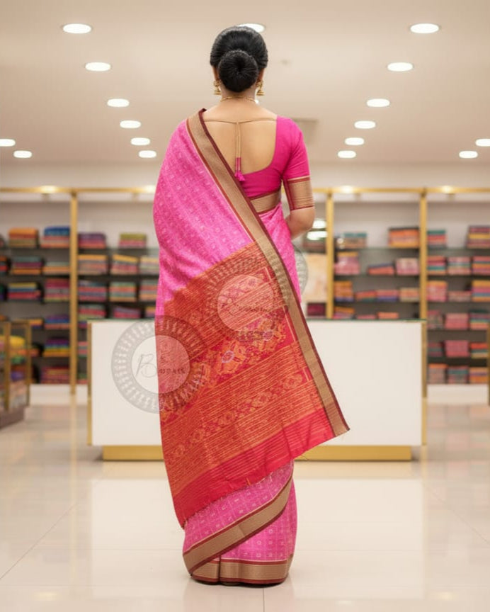 Pink Red English Alphabet Mulberry Silk Saree