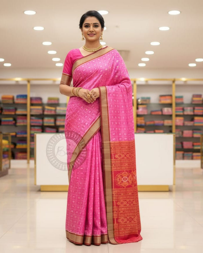Pink Red English Alphabet Mulberry Silk Saree