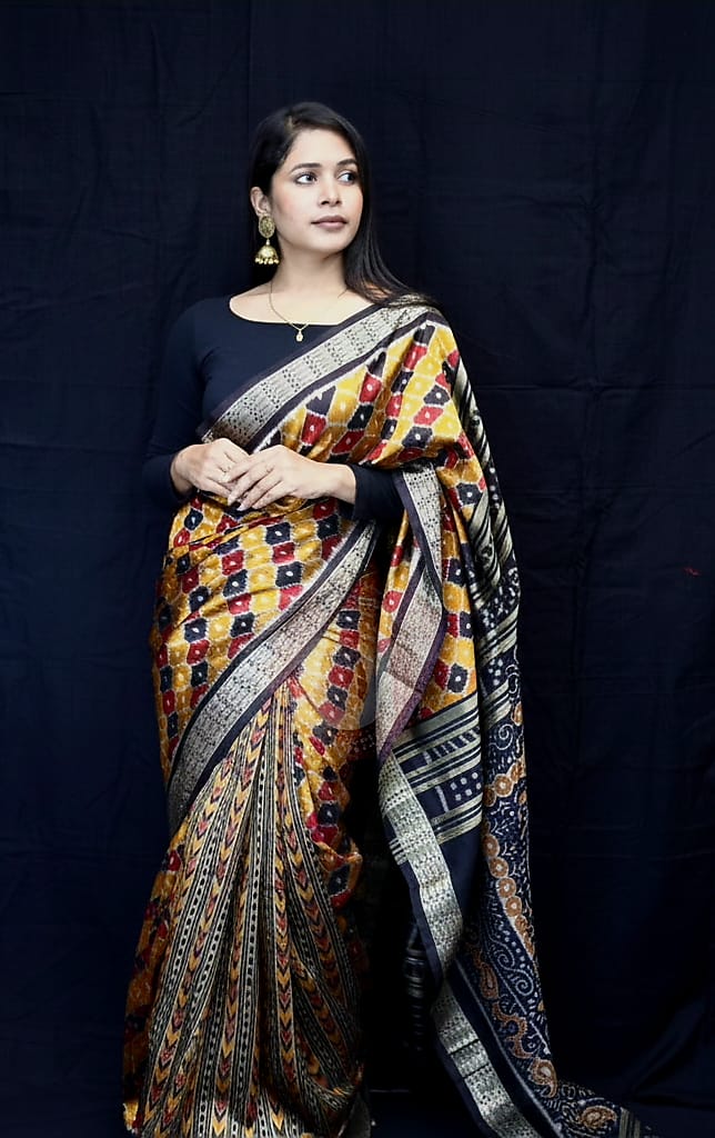 Golden Black Maroon Beehive Partly Design Mulberry Silk Saree